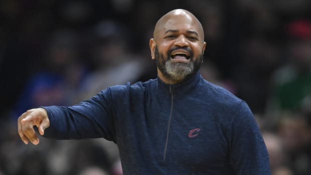 Nov 30, 2023; Cleveland, Ohio, USA; Cleveland Cavaliers head coach J. B. Bickerstaff reacts in the second quarter against the Portland Trail Blazers at Rocket Mortgage FieldHouse. Mandatory Credit: David Richard-USA TODAY Sports